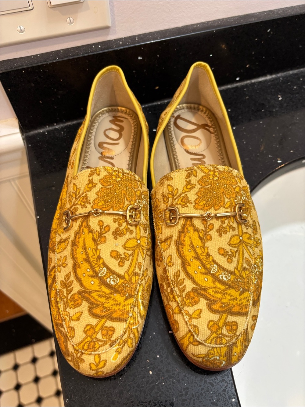 NWOT Sam Edelman Yellow Paisley Fabric Bit Loafers